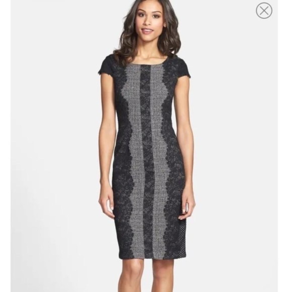 Betsey Johnson Lace Trim Tweed Sheath Dress SZ 4 Black & Gray